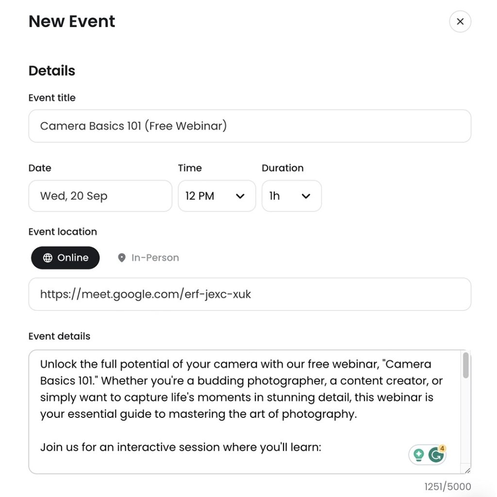 Step 2 in creating a virtual event on Nas.io